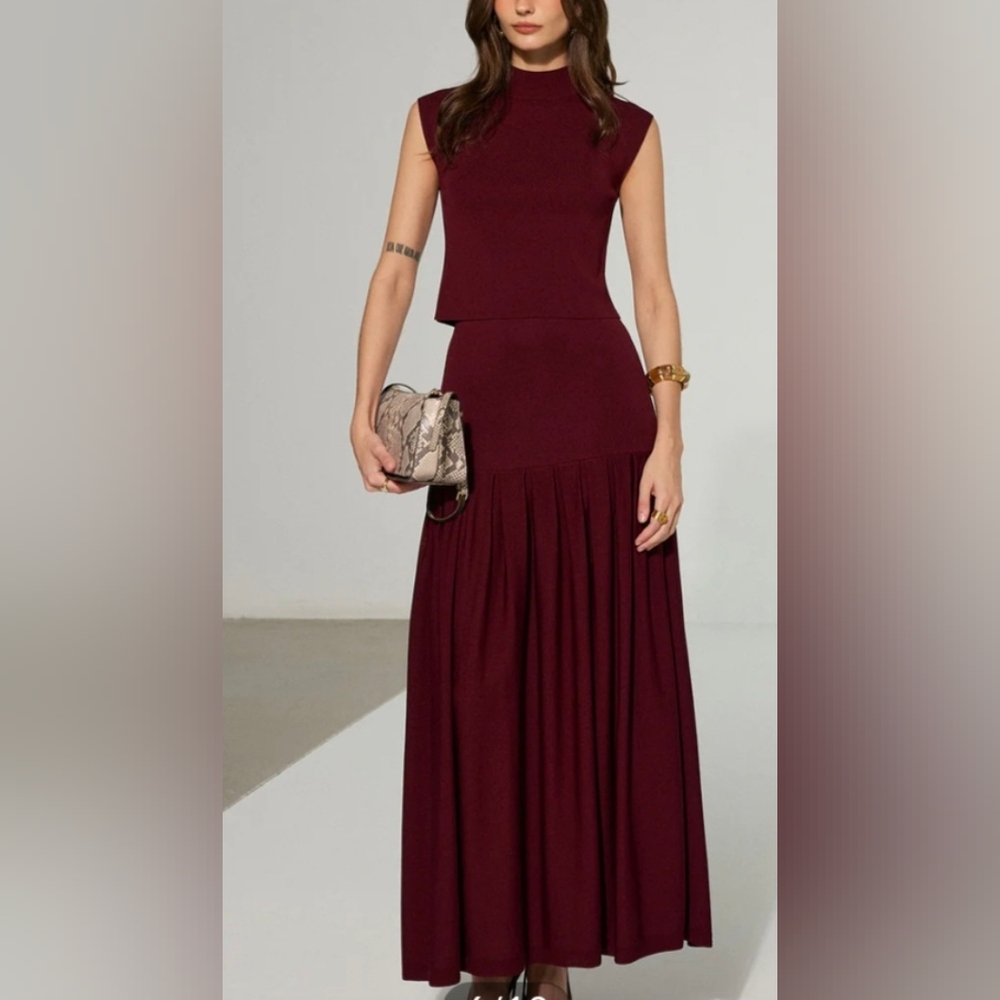 Commense Mock Neck Sleeveless Top and Pleated Midi Skirt Set